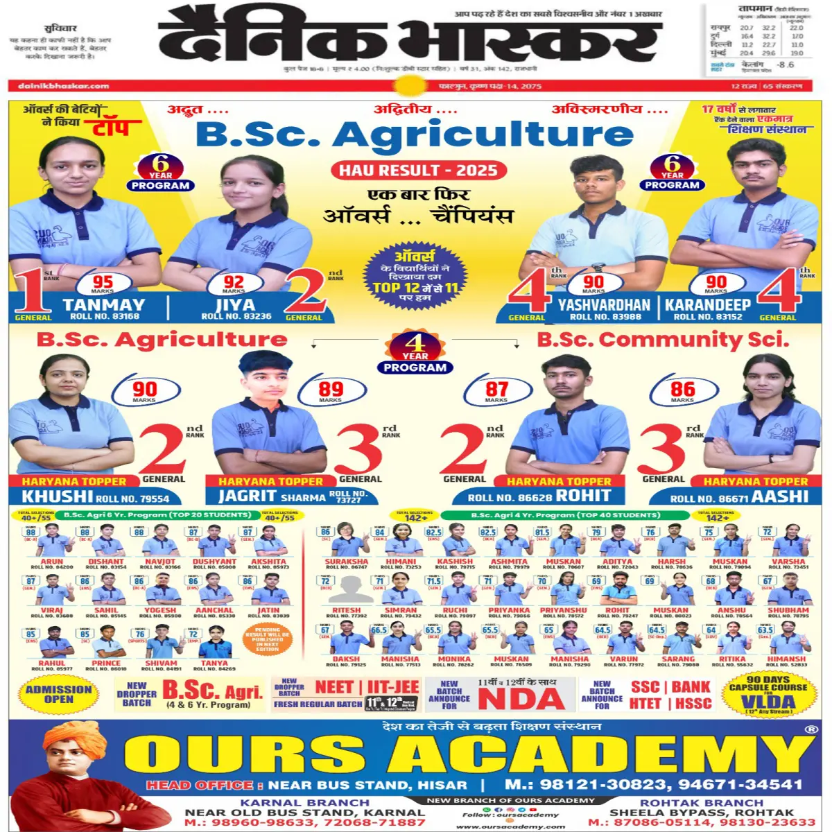 Ours Academy Creates History in H.A.U B.Sc Agriculture Result 2025