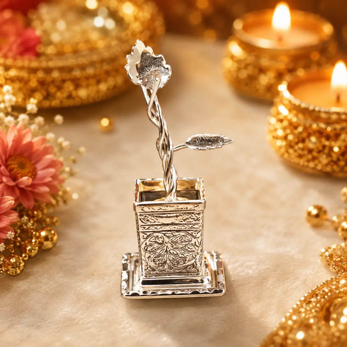 Elegant Silver Tulsi Plant Decorative Idol