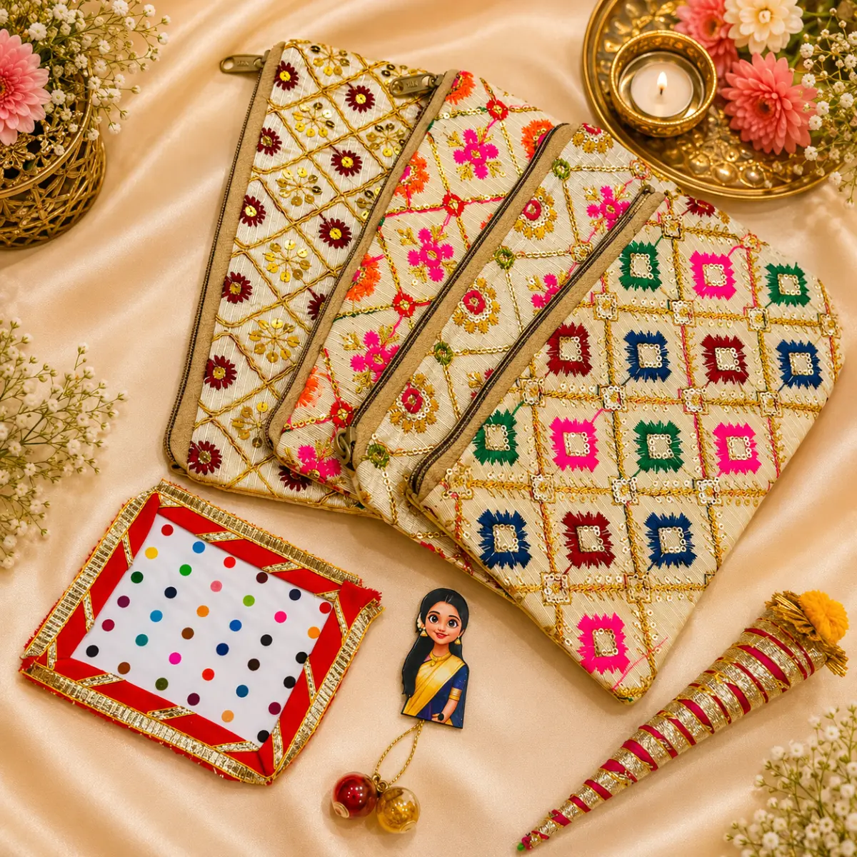 Haldi / Mehandi Hamper – Pouch, Haldi Kumkum, Mehandi Cone & Bindi Sheet