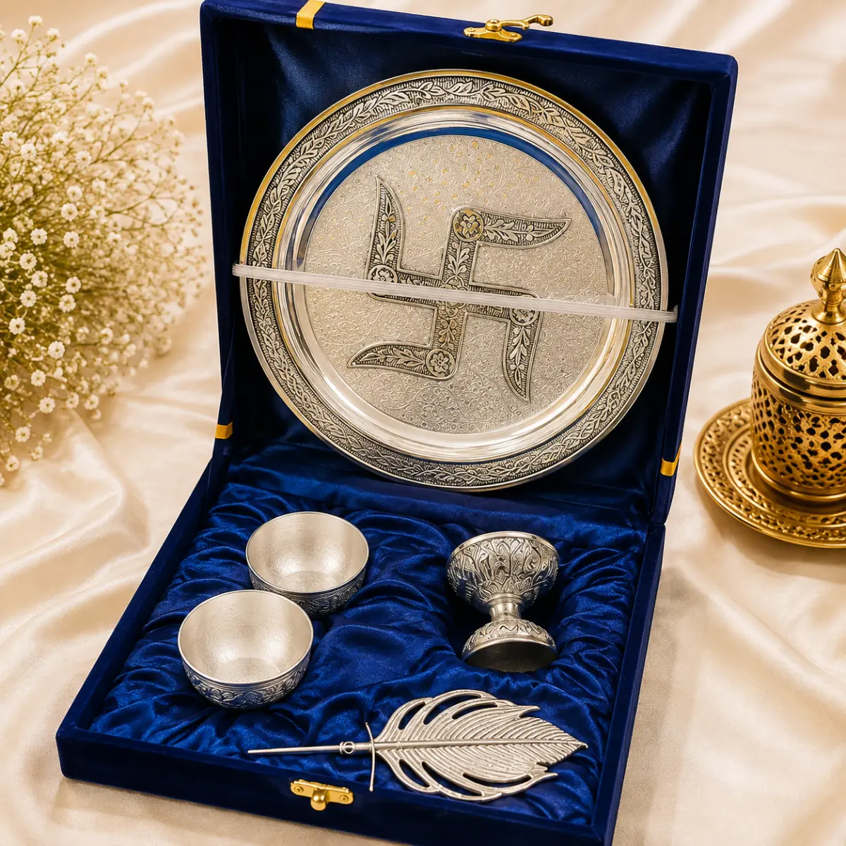 German Silver / Brass Pooja Plate – Traditional Decorative Pooja Thali