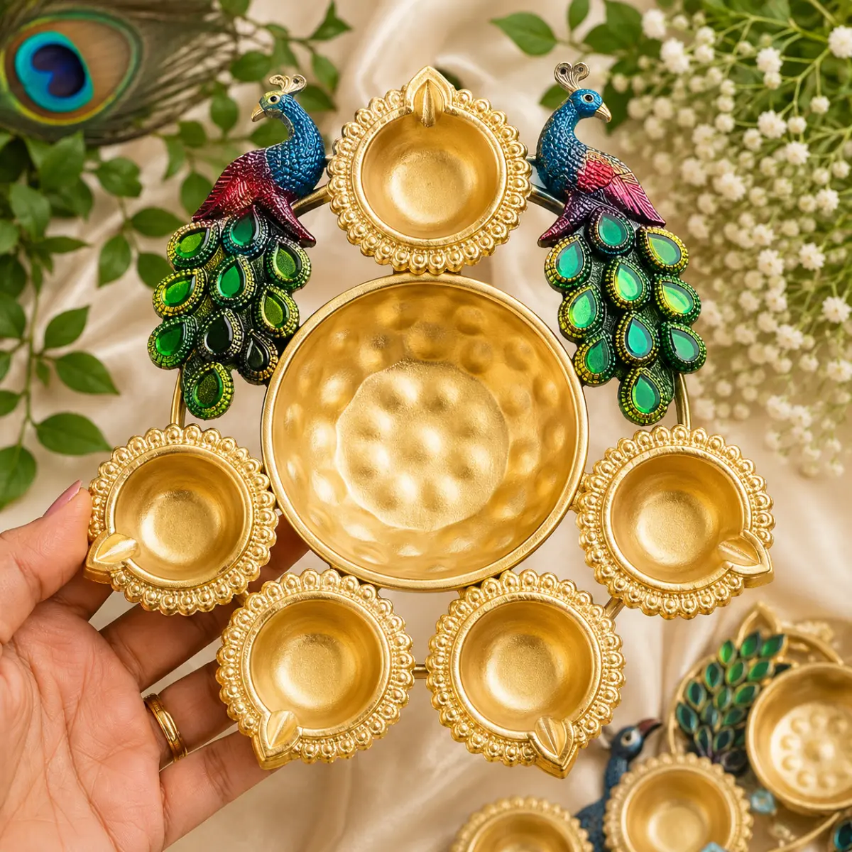 German Silver / Brass Peacock Urli – Decorative Pooja & Home Décor Urli, 8 Inch