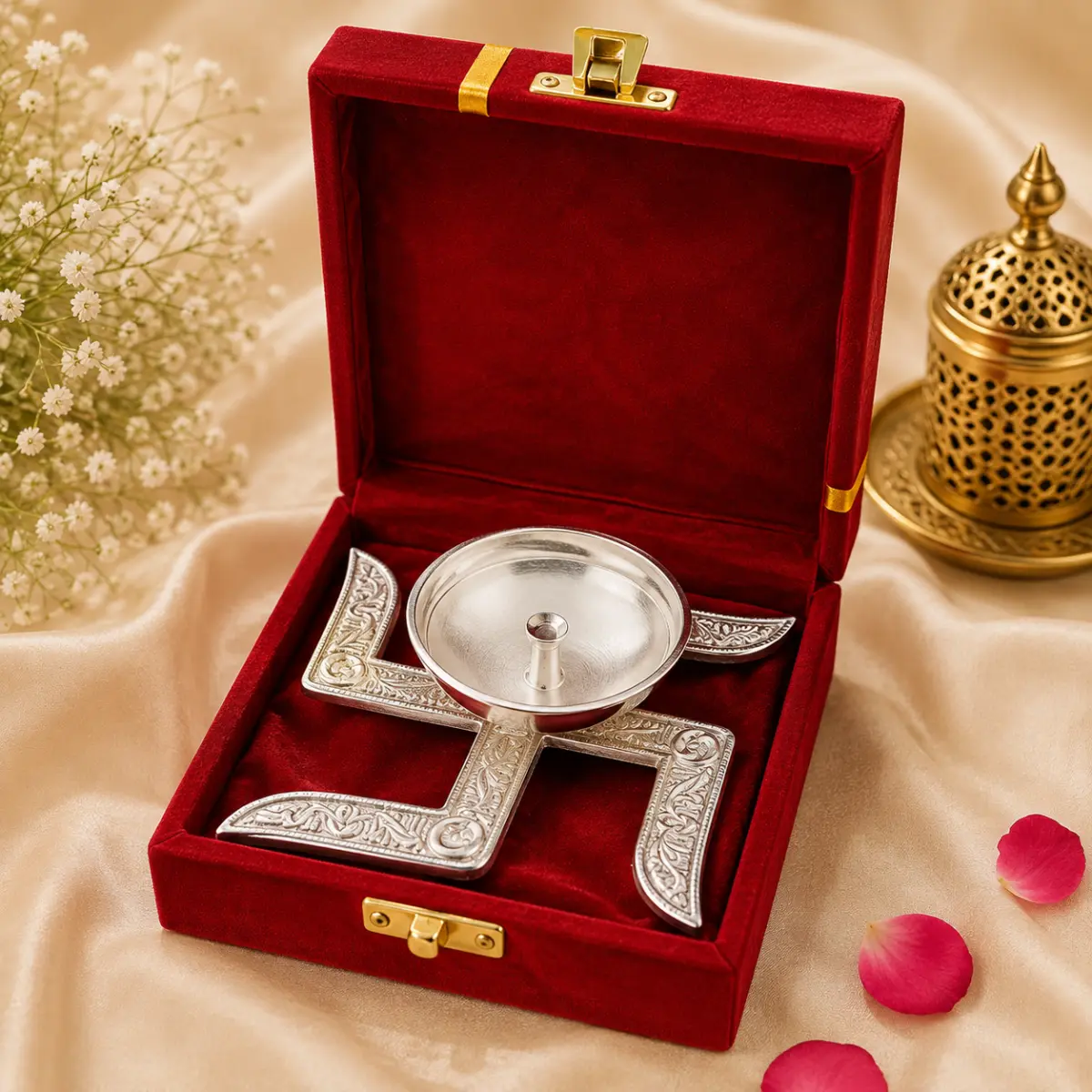 German Silver Swastik Om with Box – Elegant Pooja & Gift Set