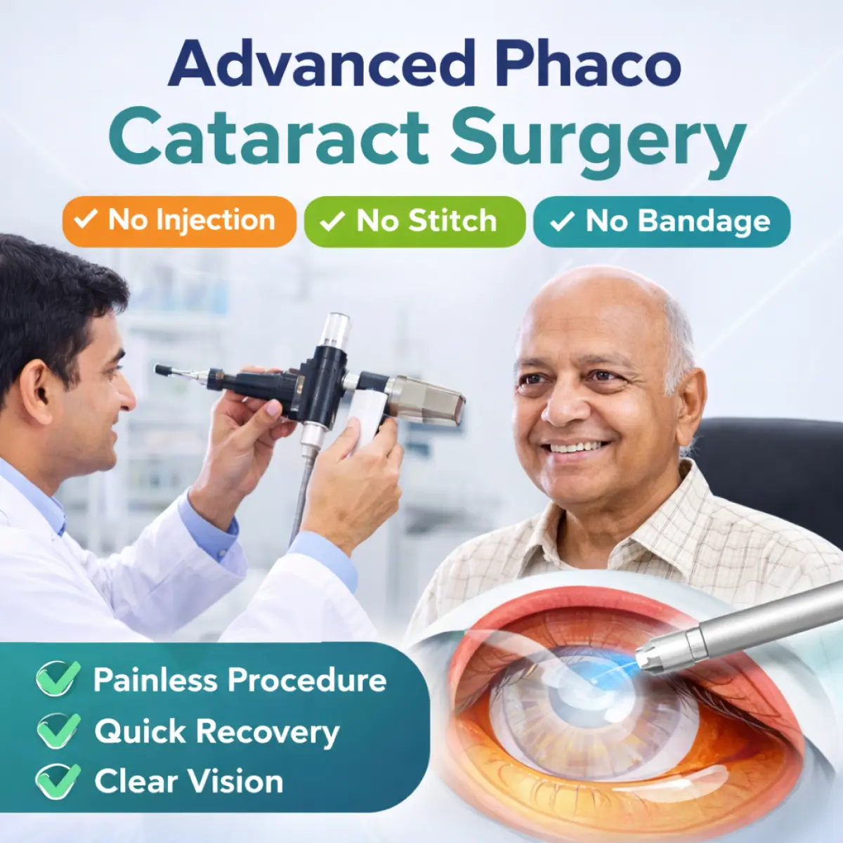 Advanced Phaco Cataract Surgery (No Injection, No Stitch, No Bandage)