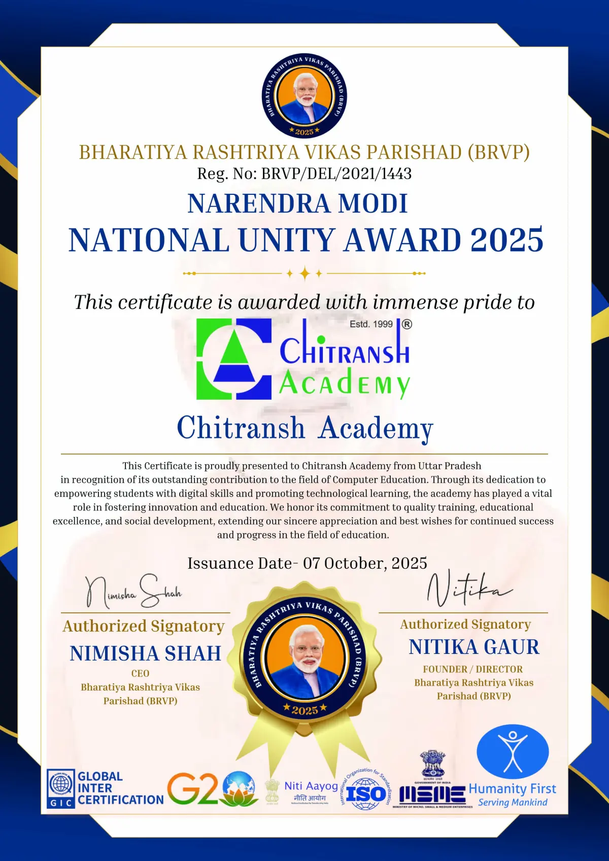 Narendra Modi National Unity Award